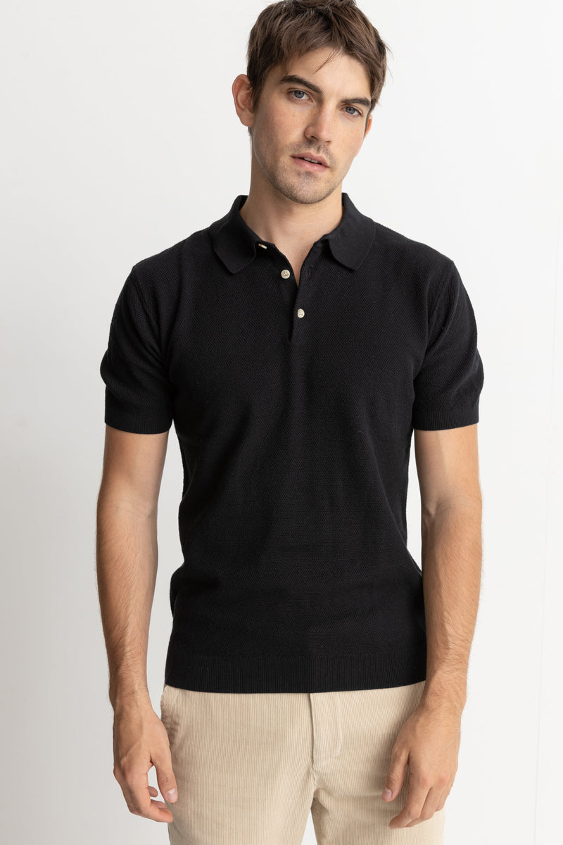 Textured Knit Polo- Black