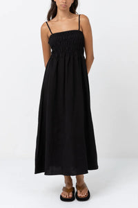 Classic Shirred Midi Dress- Black
