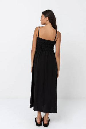 Classic Shirred Midi Dress- Black