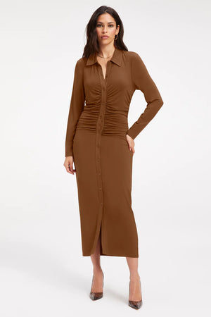Good Touch Button Front Midi- Burnt Caramel