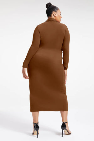 Good Touch Button Front Midi- Burnt Caramel
